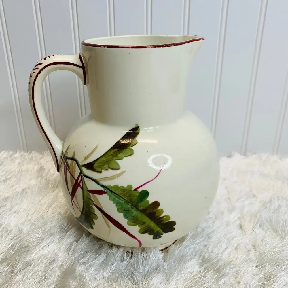 Handpainted Pitcher Vintage Green Red Leaves Tropical 8 x 6
